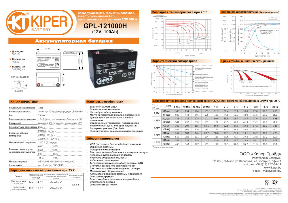 Аккумуляторная батарея Кипер GPL-121000H 12V/100Ah