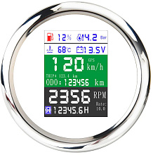 Прибор 6 в 1 (GPS спидометр, тахометр, вольтметр, датчик уровня топлива, датчик давления масла, датчик темп. воды), бел., нерж. ободок, д. 85 мм.